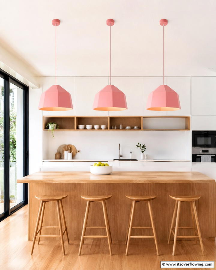 Pink Pendant Lighting - 30 Pink Kitchen Ideas to Refresh Your Cooking Space
