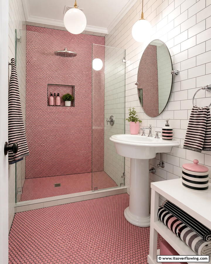 Pink Penny Tiles for a Playful Design - 20 Pink Tile Bathroom Ideas for a Vibrant Look