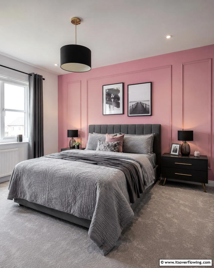 Pink Statement Wall with Grey Decor - 25 Pink and Grey Bedroom Ideas for a Serene Space