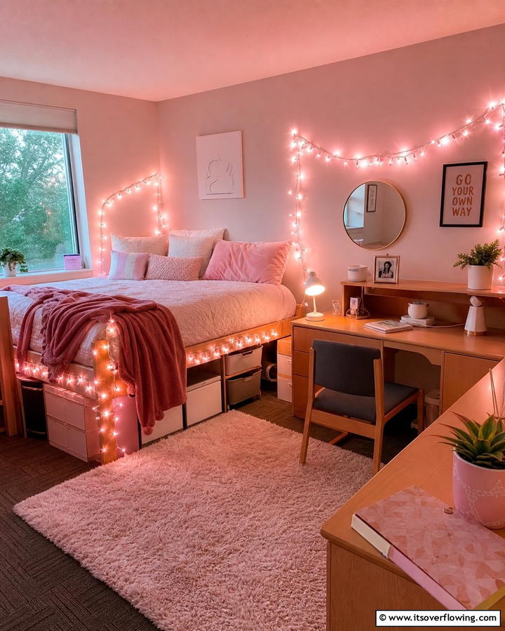 Pink String Lights for Whimsy - 20 Pink Dorm Room Ideas for a Cozy College Space