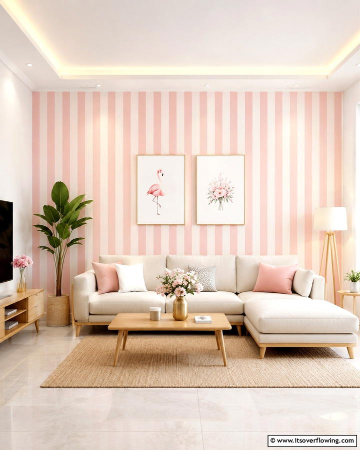 Pink Striped Wallpaper for Visual Interest - 30 Pink Living Room Ideas for Soft and Inviting Spaces