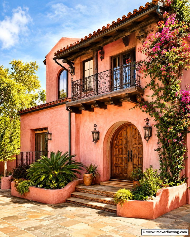 Pink Stucco with Terracotta Roof - 25 Pink House Exterior Ideas for a Charming Look