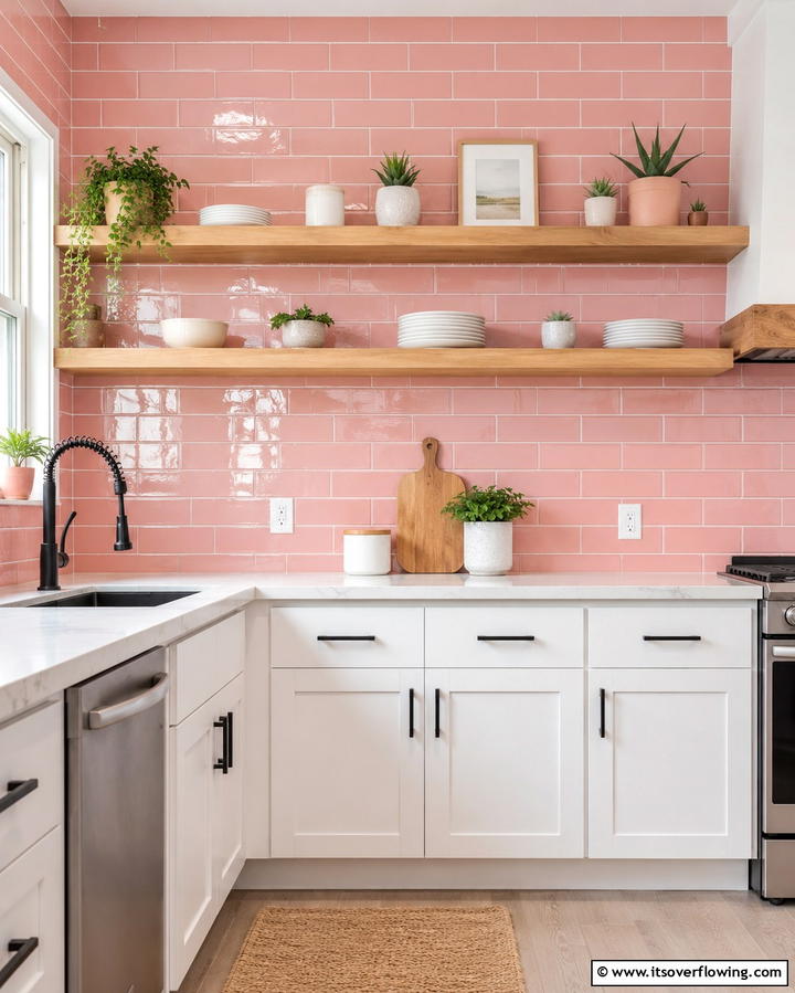 Pink Subway Tile Backsplash - 30 Pink Kitchen Ideas to Refresh Your Cooking Space