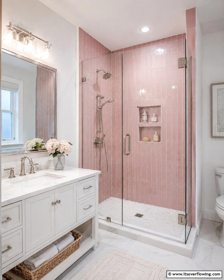 Pink Subway Tiles for a Timeless Look - 25 Pink Bathroom Ideas for a Soft and Serene Space