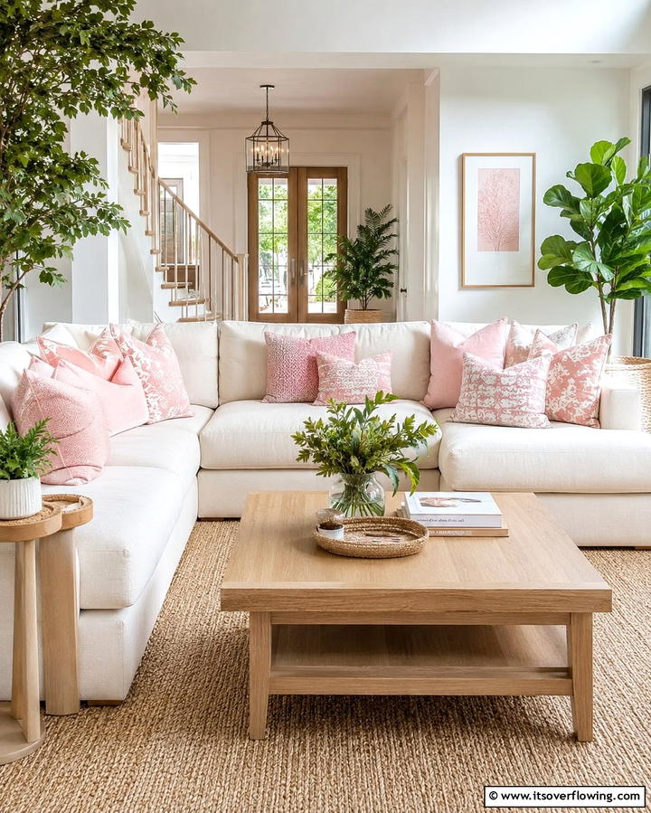 Pink Throw Pillows for Effortless Charm - 30 Pink Living Room Ideas for Soft and Inviting Spaces