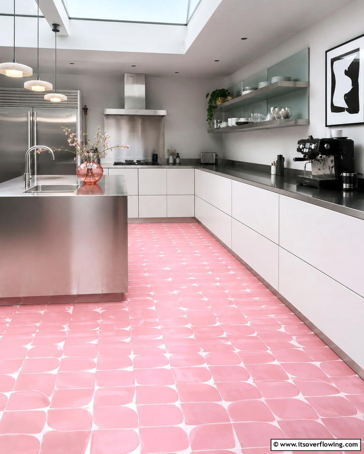 Pink Tiled Flooring for a Unique Twist - 30 Pink Kitchen Ideas to Refresh Your Cooking Space