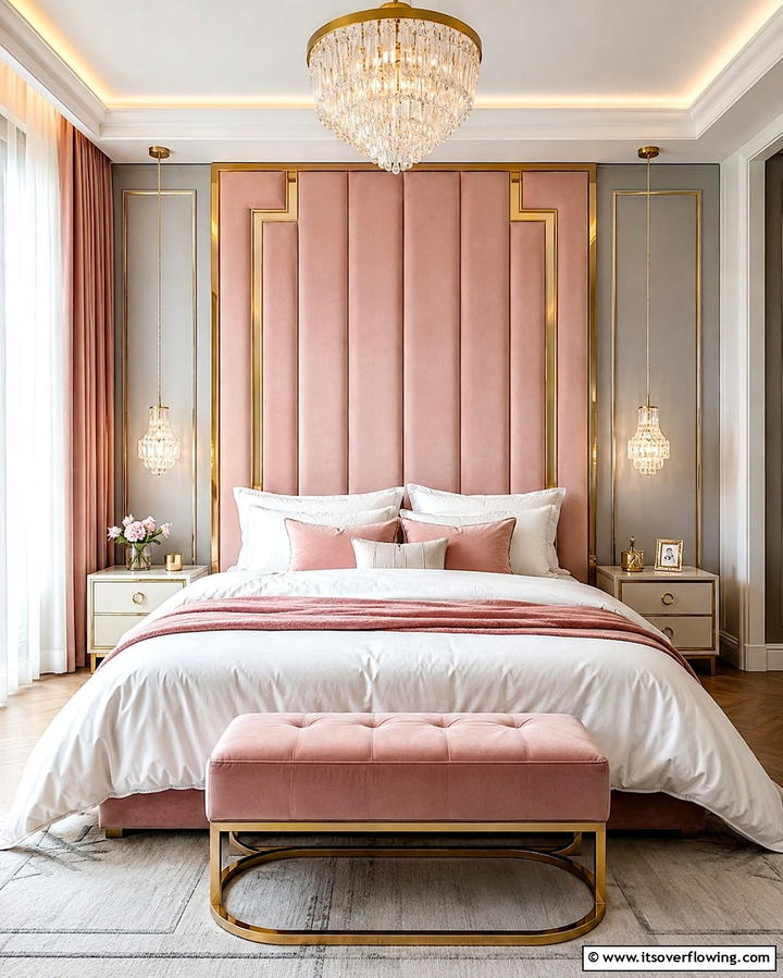 Pink Upholstered Headboard with Gold Trim - 25 Pink and Gold Bedroom Ideas for a Luxurious Retreat