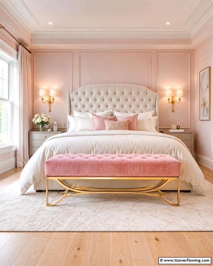 Pink Velvet Bench with Gold Legs - 25 Pink and Gold Bedroom Ideas for a Luxurious Retreat