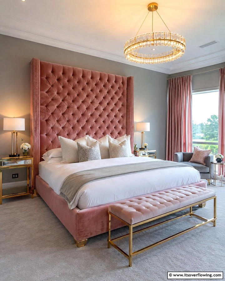 Pink Velvet Headboard with Grey Walls - 25 Pink and Grey Bedroom Ideas for a Serene Space