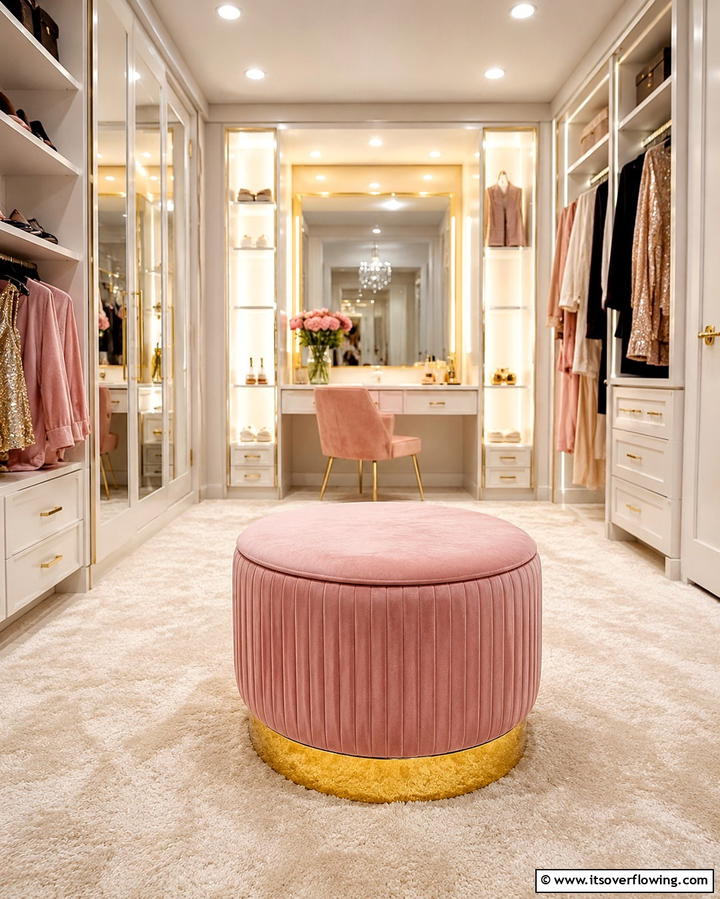 Pink Velvet Ottoman with Gold Base - 25 Pink and Gold Bedroom Ideas for a Luxurious Retreat