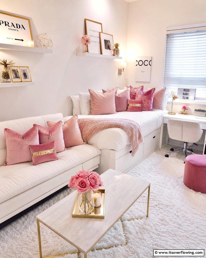 Pink Velvet Throw Pillows - 20 Pink Dorm Room Ideas for a Cozy College Space