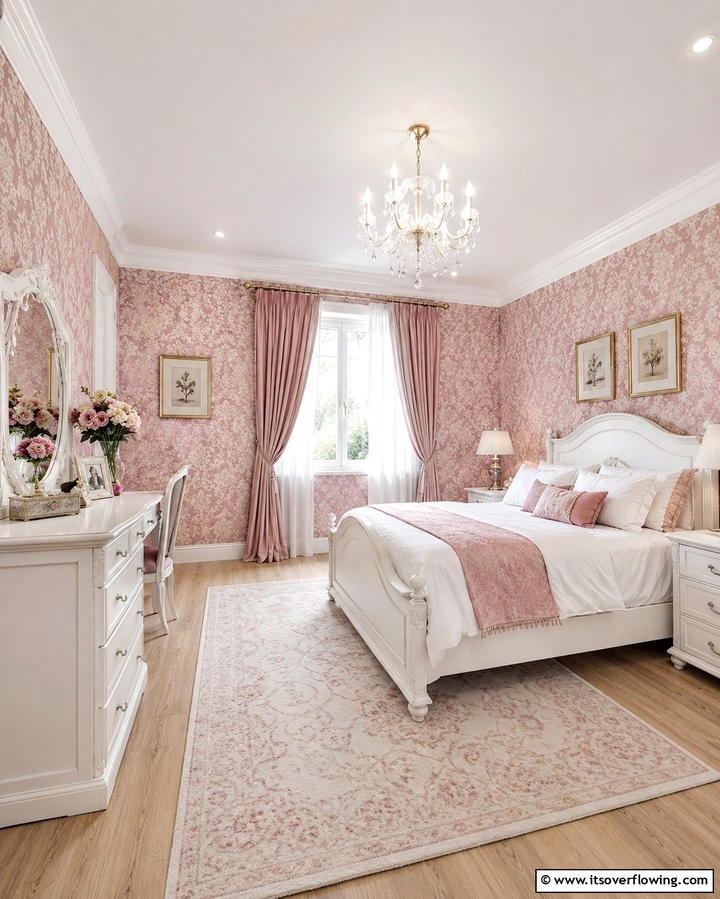 Pink Wallpaper with White Trim - 25 Pink and White Bedroom Ideas for a Fresh and Airy Look
