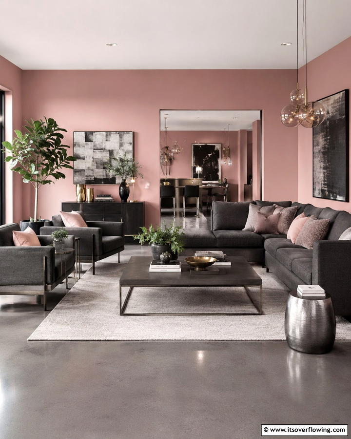 Pink Walls with Grey Furnishings - 25 Pink and Grey Living Room Ideas for a Chic Space