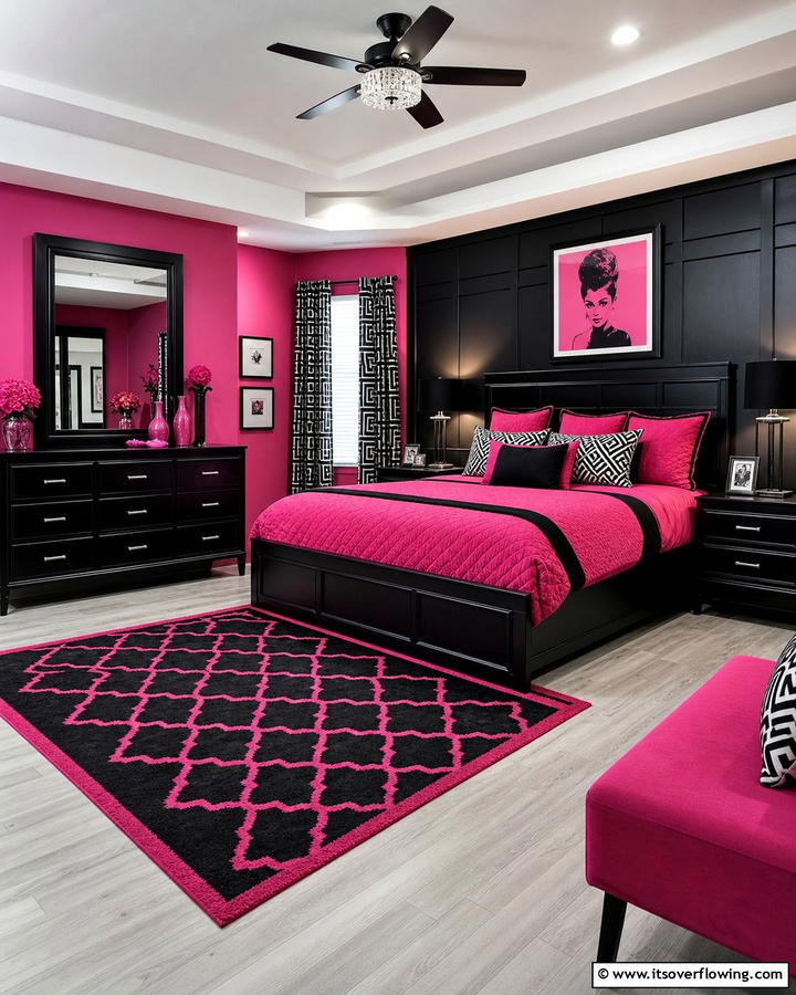 Pink and Black Contrast - 20 Hot Pink Bedroom Ideas for Vibrant Spaces