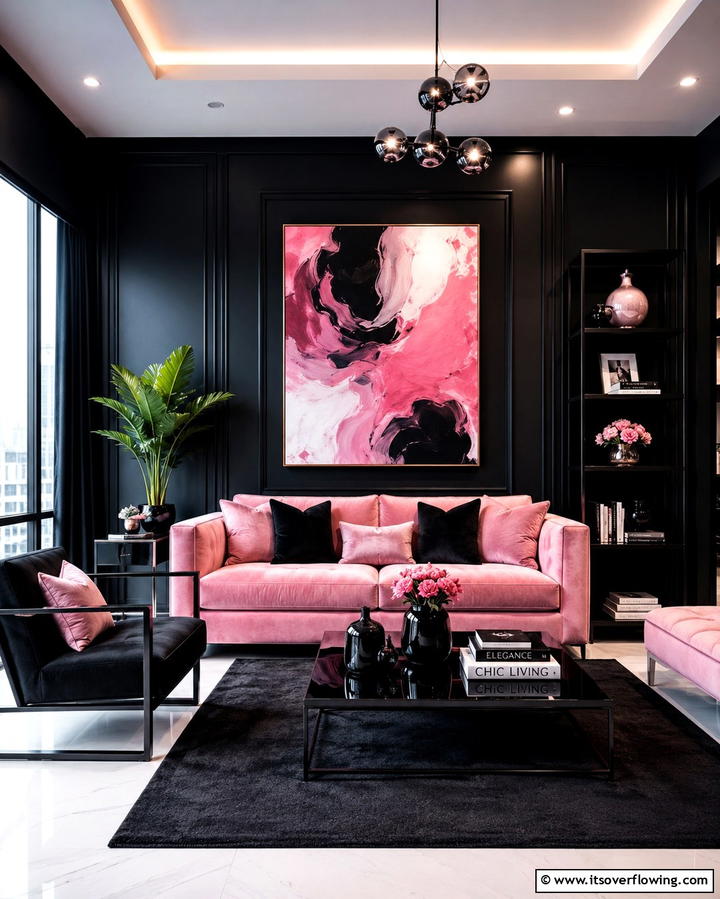 Pink and Black Drama - 30 Pink Living Room Ideas for Soft and Inviting Spaces