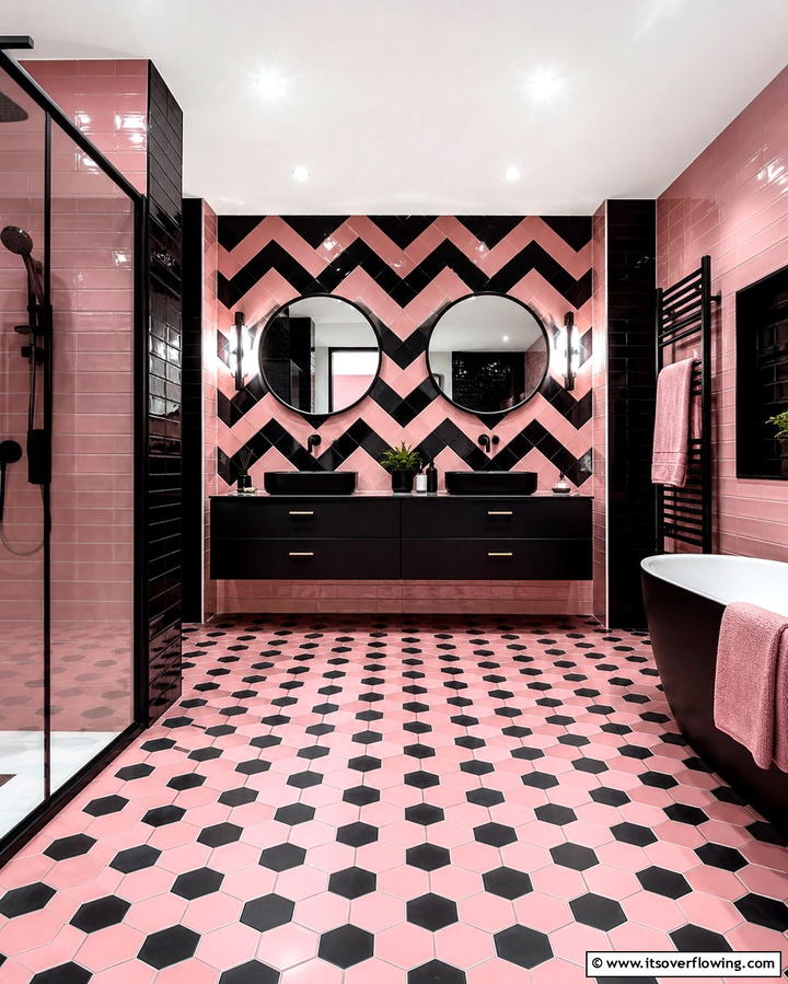 Pink and Black Geometric Patterns - 25 Pink and Black Bathroom Ideas for a Bold and Chic Look