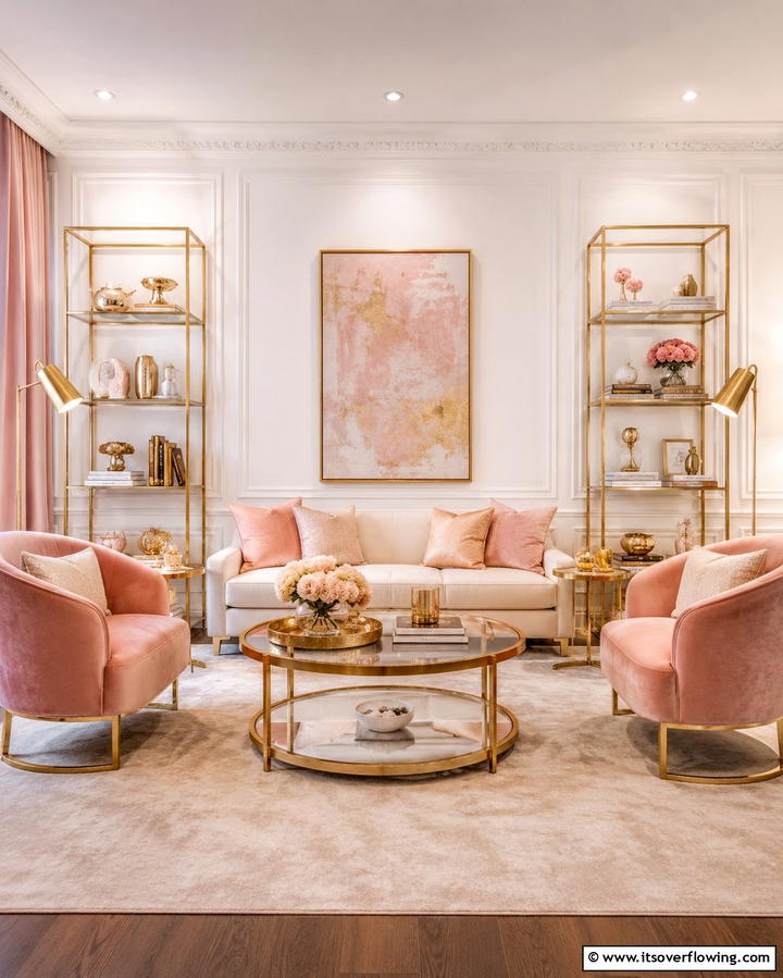 Pink and Gold Accents for Glamorous Touches - 30 Pink Living Room Ideas for Soft and Inviting Spaces