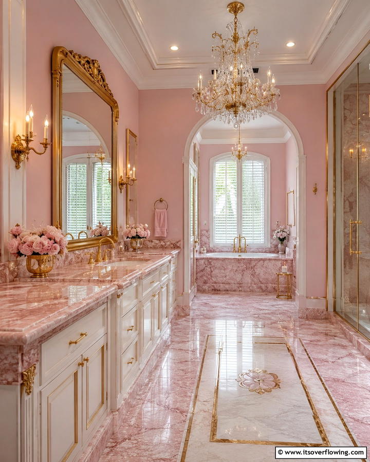 Pink and Gold Accents for Glamour - 25 Pink Bathroom Ideas for a Soft and Serene Space