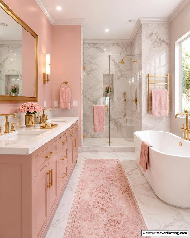 Pink and Gold Accents for a Luxurious Touch - 25 Pink Bathroom Ideas for a Soft and Serene Space