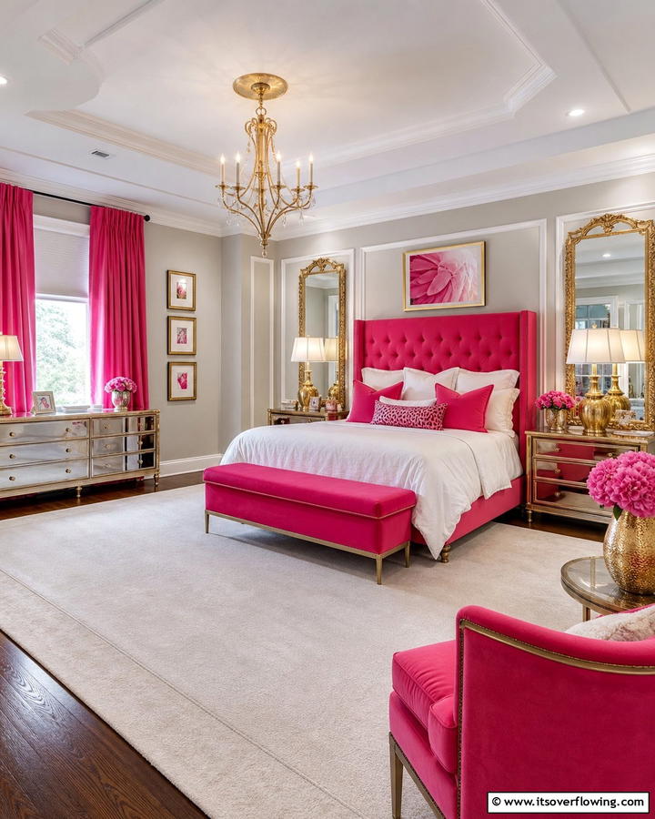 Pink and Gold Accents - 20 Hot Pink Bedroom Ideas for Vibrant Spaces