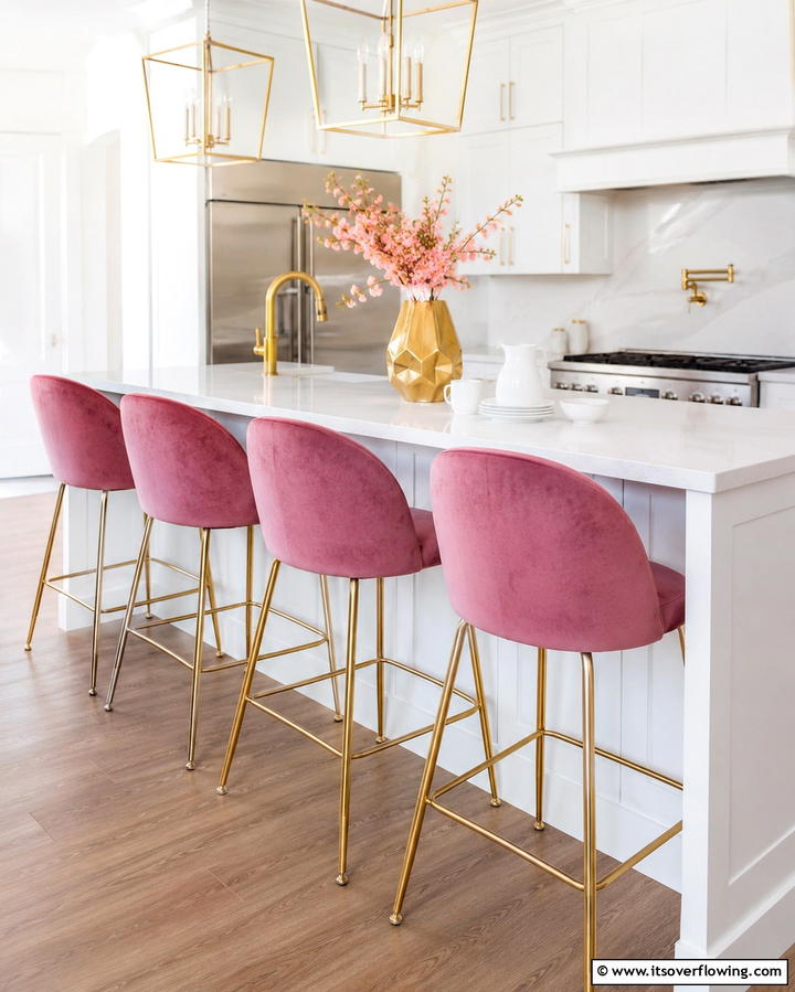 Pink and Gold Bar Stools - 30 Pink Kitchen Ideas to Refresh Your Cooking Space