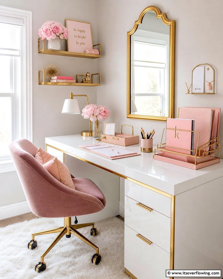 Pink and Gold Desk Accessories for a Glam Touch - 20 Pink Dorm Room Ideas for a Cozy College Space