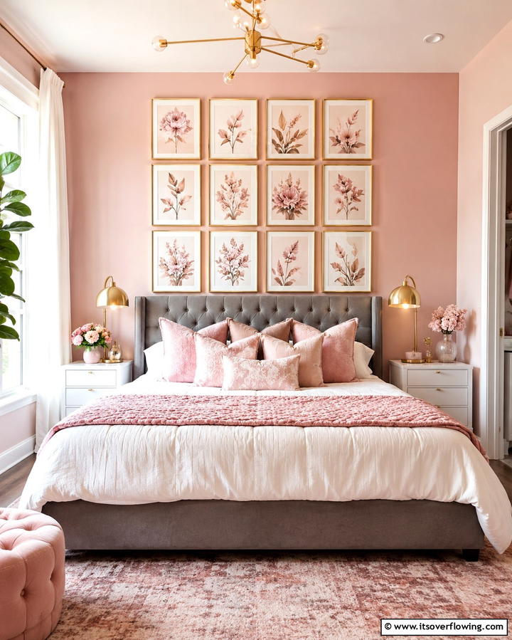 Pink and Gold Gallery Wall - 25 Pink and Gold Bedroom Ideas for a Luxurious Retreat