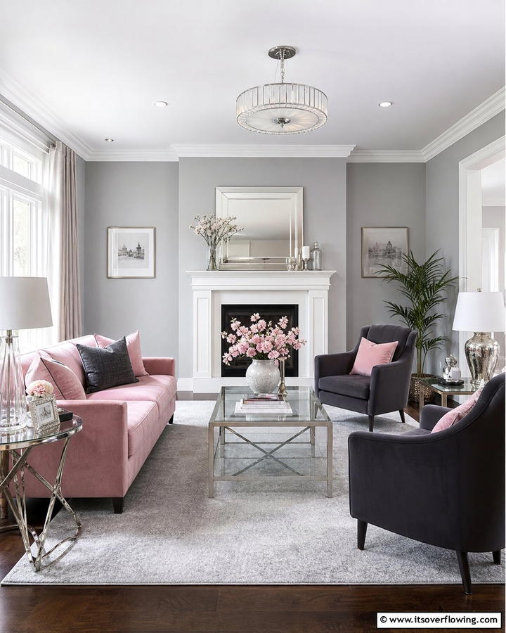 Pink and Gray Sophistication - 20 Pink Couch Living Room Ideas for a Bold Statement