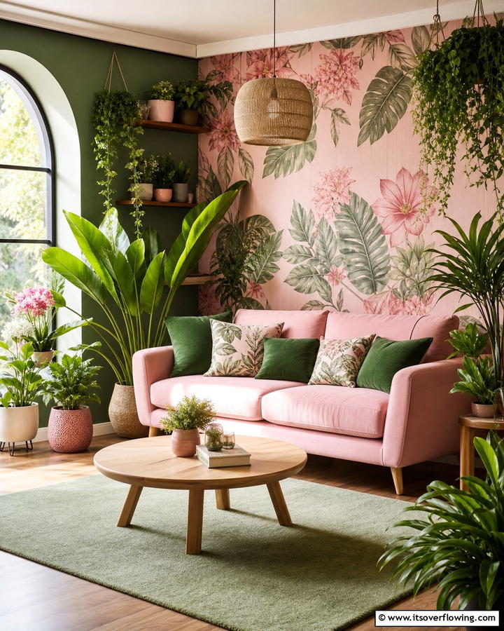 Pink and Green Botanical Oasis - 20 Pink Couch Living Room Ideas for a Bold Statement