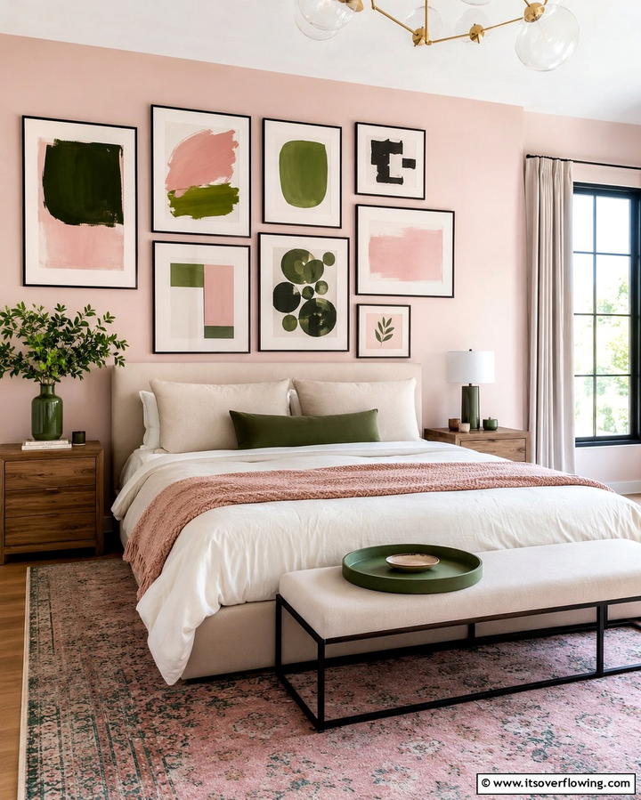 Pink and Green Gallery Wall - 25 Pink and Green Bedroom Ideas for a Fresh Look