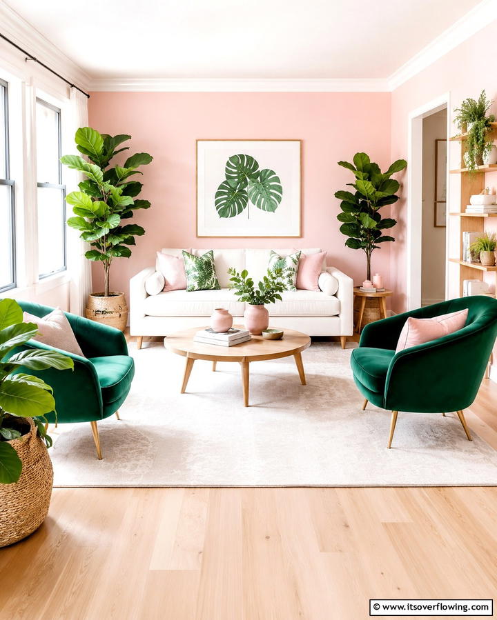 Pink and Green Harmony - 30 Pink Living Room Ideas for Soft and Inviting Spaces