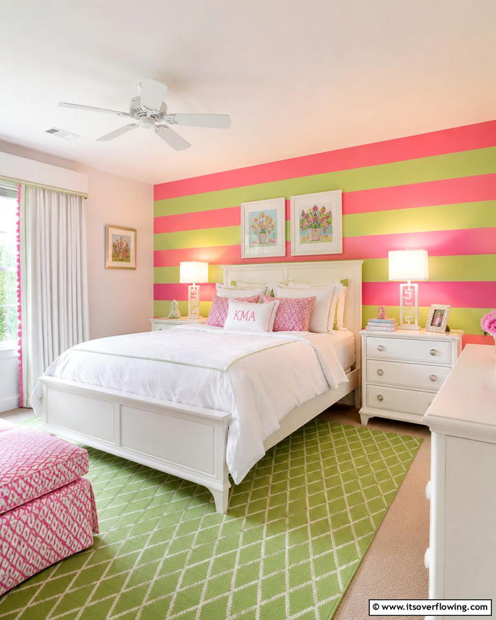 Pink and Green Stripes for Visual Interest - 25 Pink and Green Bedroom Ideas for a Fresh Look