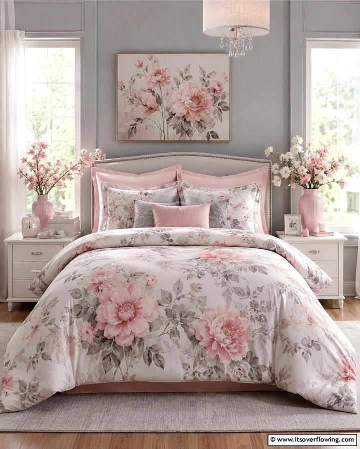 Pink and Grey Floral Prints - 25 Pink and Grey Bedroom Ideas for a Serene Space