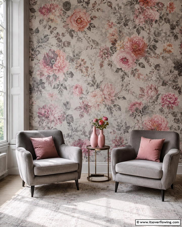 Pink and Grey Floral Wallpaper - 25 Pink and Grey Living Room Ideas for a Chic Space