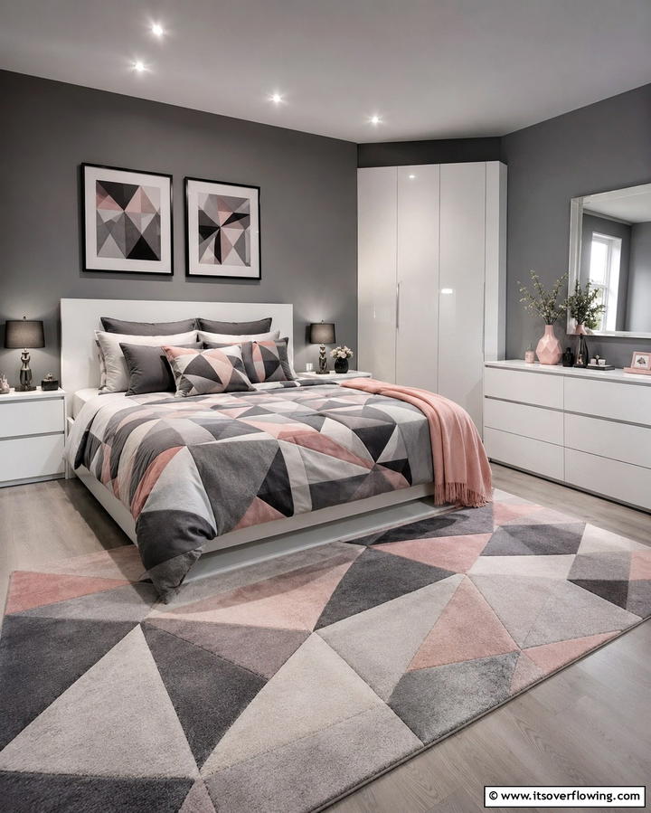 Pink and Grey Geometric Patterns - 25 Pink and Grey Bedroom Ideas for a Serene Space
