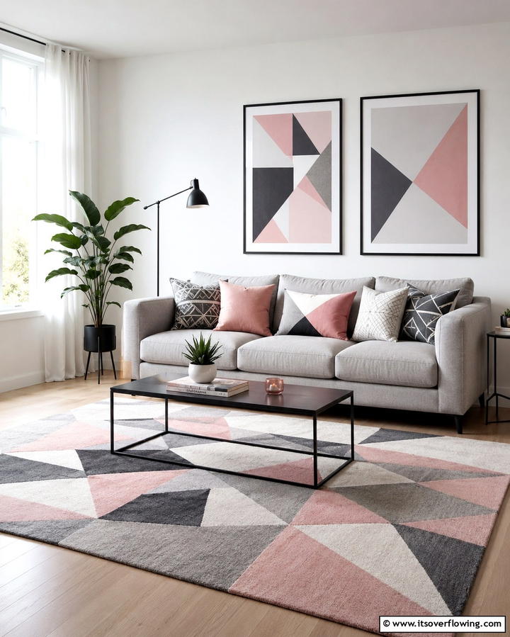 Pink and Grey Geometric Patterns - 25 Pink and Grey Living Room Ideas for a Chic Space