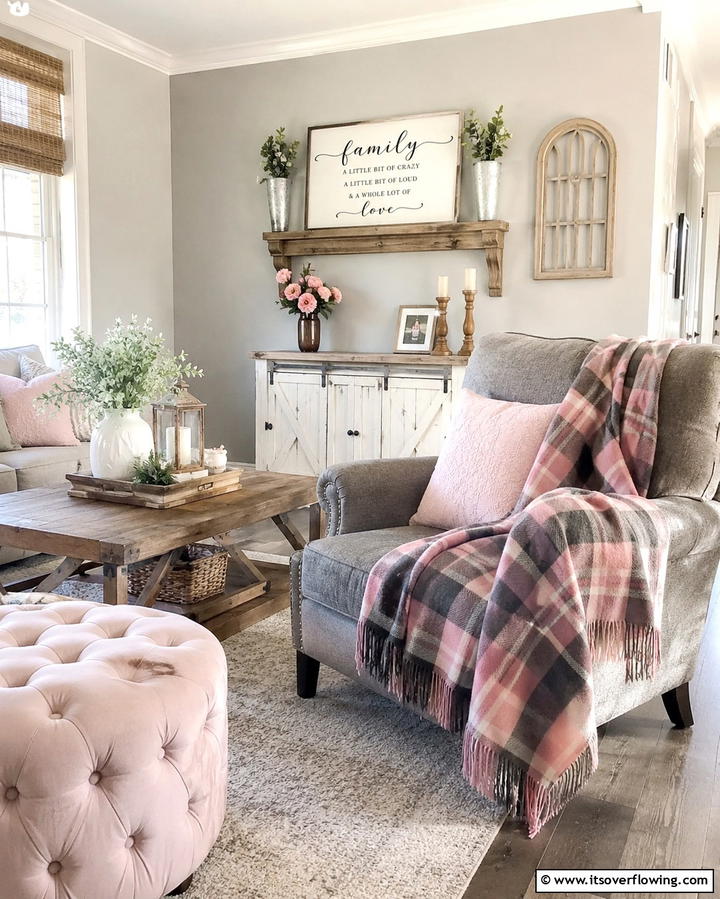 Pink and Grey Plaid Throws - 25 Pink and Grey Living Room Ideas for a Chic Space