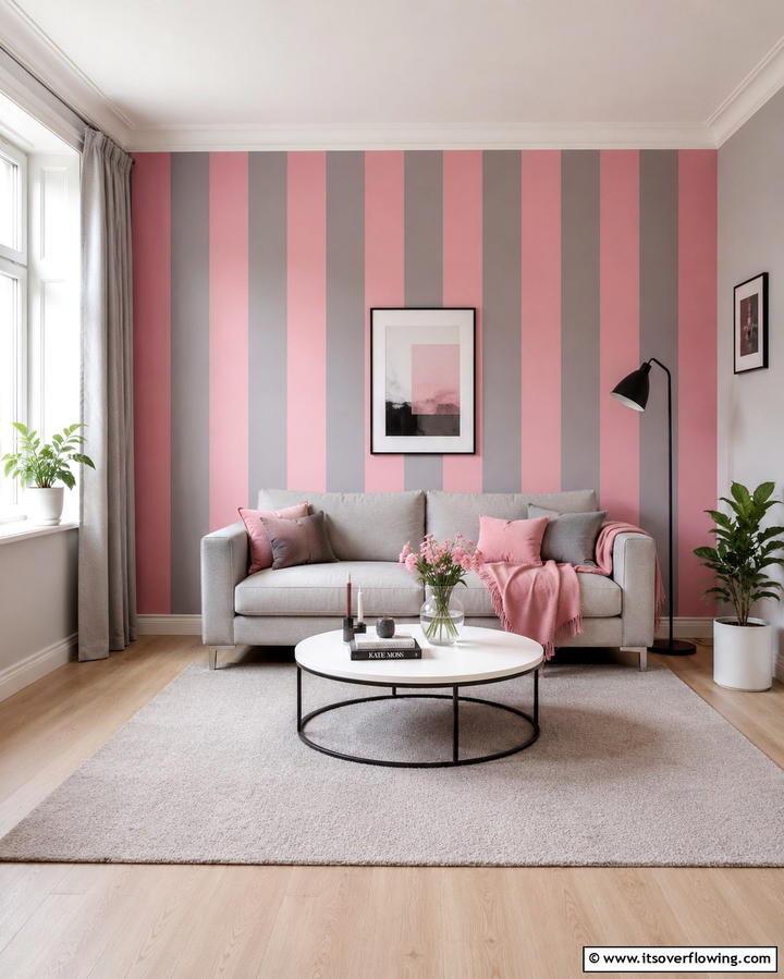 Pink and Grey Striped Elements - 25 Pink and Grey Living Room Ideas for a Chic Space