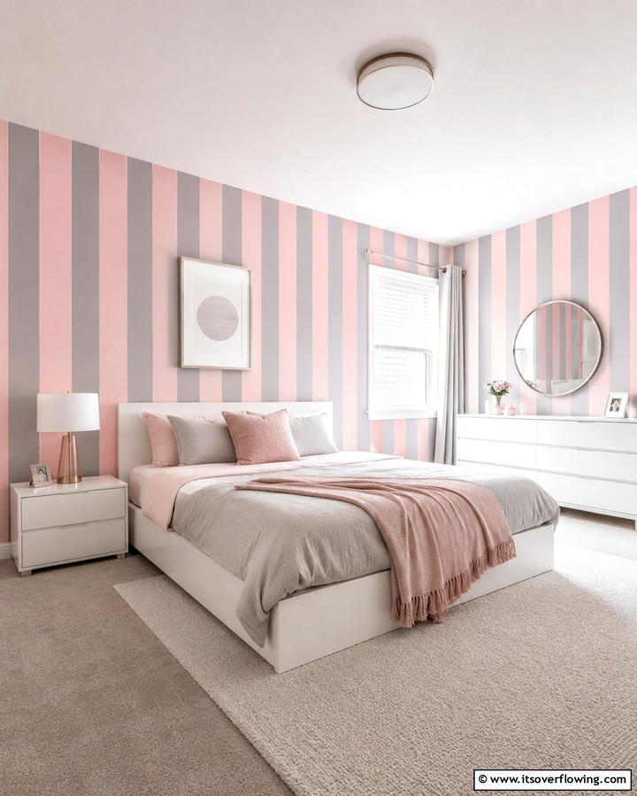 Pink and Grey Striped Walls - 25 Pink and Grey Bedroom Ideas for a Serene Space