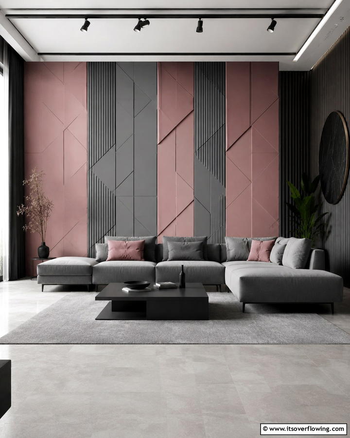 Pink and Grey Textured Wall Panels - 25 Pink and Grey Living Room Ideas for a Chic Space