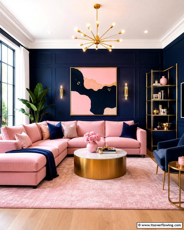 Pink and Navy Contrast - 30 Pink Living Room Ideas for Soft and Inviting Spaces