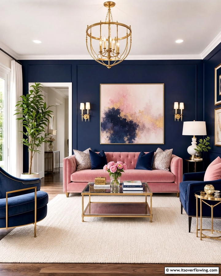 Pink and Navy Elegance - 20 Pink Couch Living Room Ideas for a Bold Statement