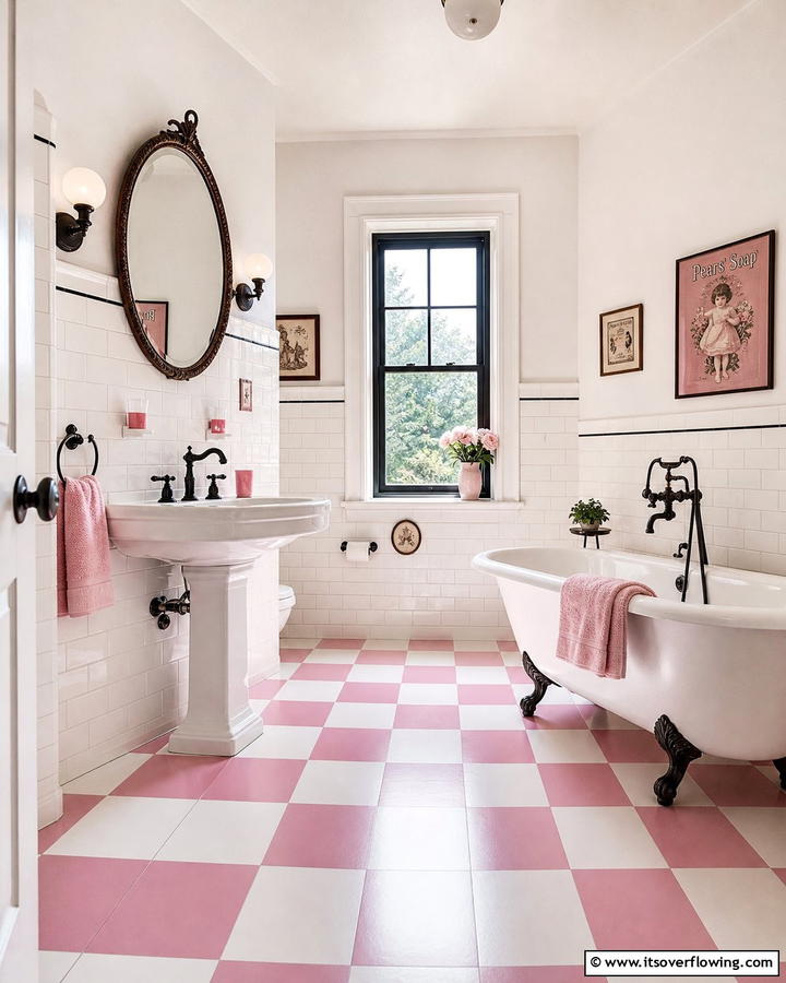 Pink and White Checkerboard Tiles for a Retro Vibe - 20 Pink Tile Bathroom Ideas for a Vibrant Look