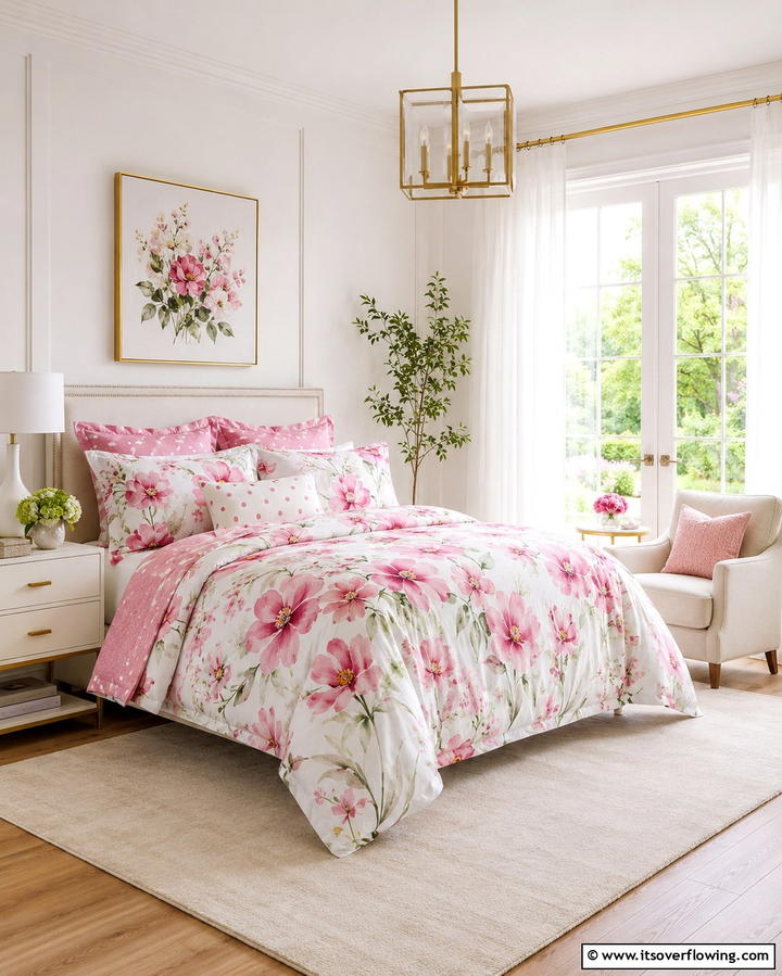 Pink and White Floral Bedding - 25 Pink and White Bedroom Ideas for a Fresh and Airy Look