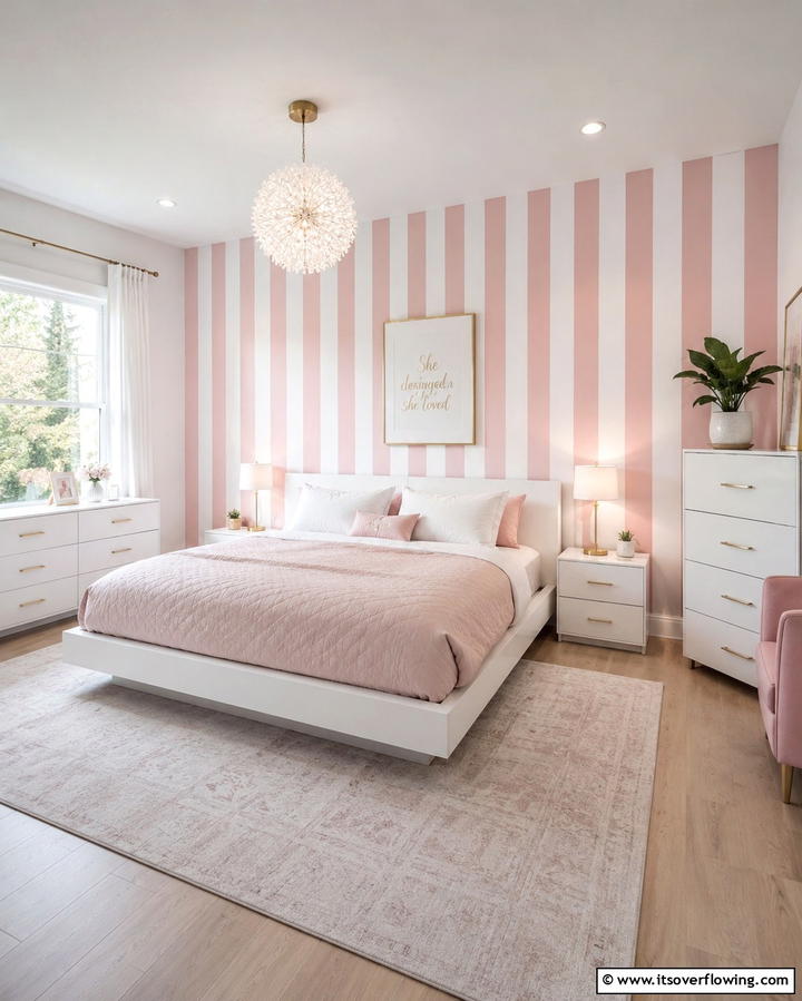 Pink and White Striped Wallpaper - 25 Pink and White Bedroom Ideas for a Fresh and Airy Look