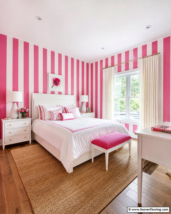 Pink and White Striped Wallpaper - 20 Hot Pink Bedroom Ideas for Vibrant Spaces