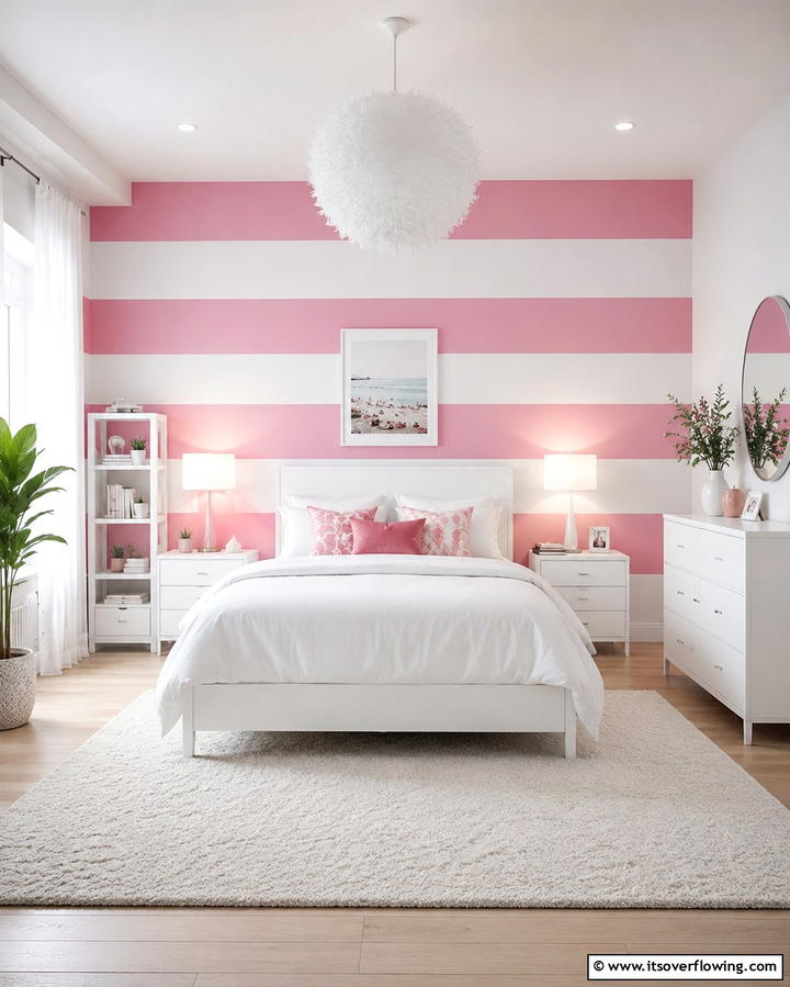 Pink and White Striped Walls - 25 Pink and White Bedroom Ideas for a Fresh and Airy Look