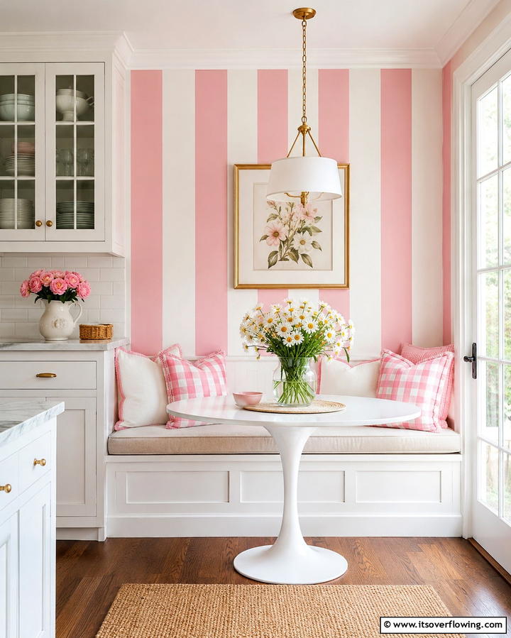 Pink and White Striped Walls - 30 Pink Kitchen Ideas to Refresh Your Cooking Space