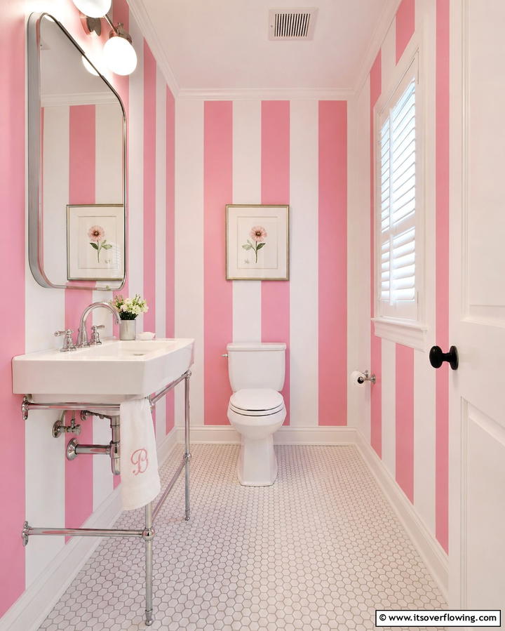 Pink and White Striped Walls for a Playful Touch - 25 Pink Bathroom Ideas for a Soft and Serene Space