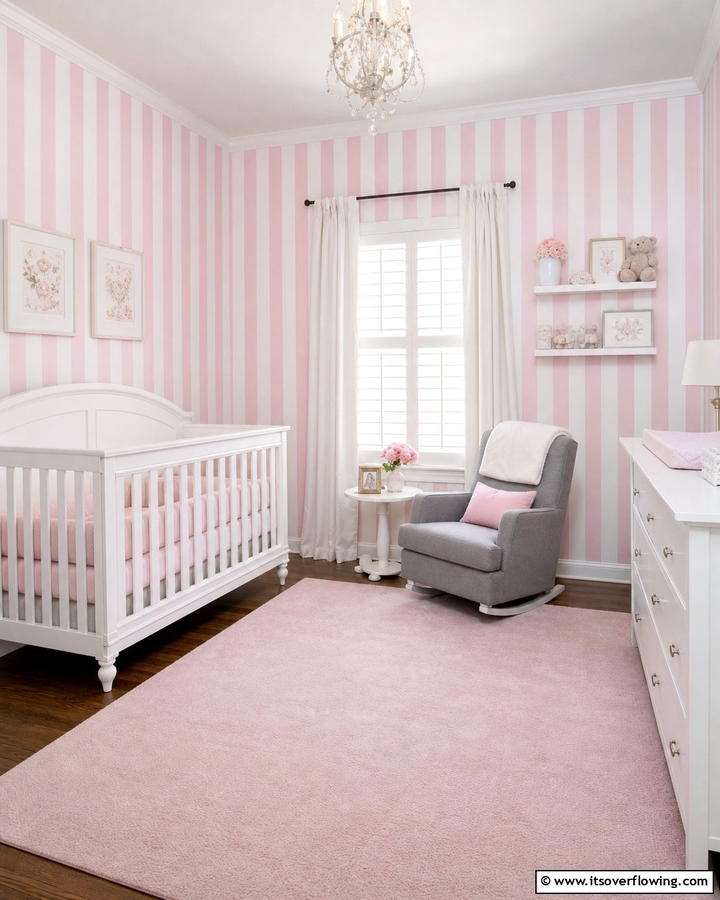 Pink and White Striped Walls - 20 Adorable Pink Nursery Ideas for Your Baby’s Room